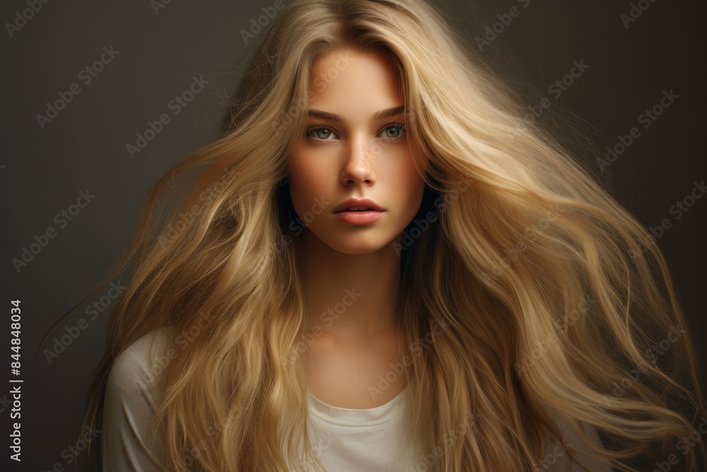 Close-up of a beautiful young woman with voluminous blonde hair and captivating eyes Close-up of a beautiful young woman with voluminous blonde hair and captivating eyes