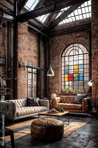 Industrial design living room interior design with exposed brick wall, metal beams, stained glass windows and rustic elements, essence of urban chic. Stylish design idea ad concept. Copy ad text space