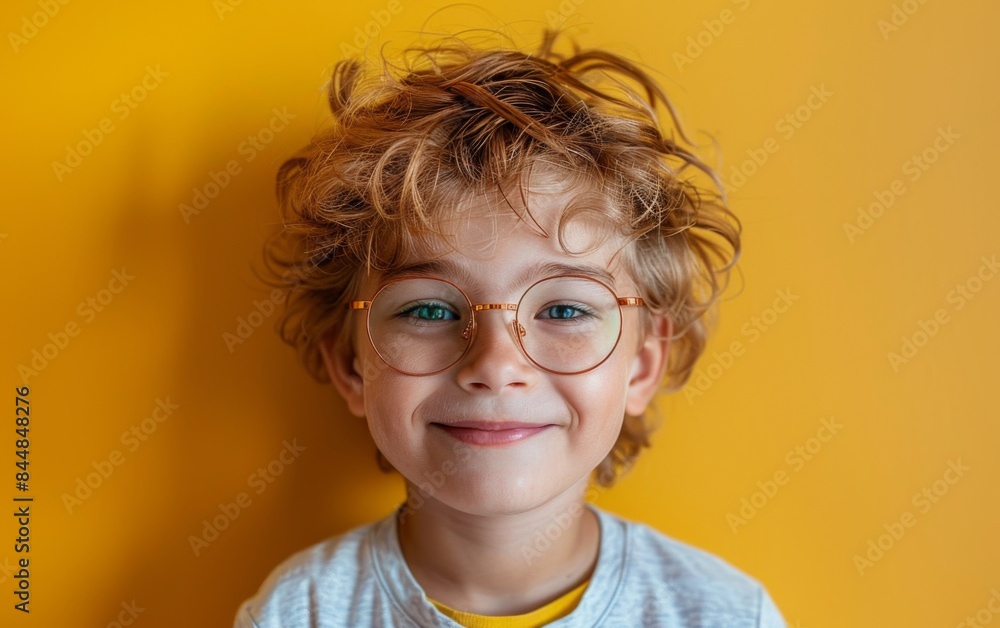 A young boy with glasses is smiling at the camera. Concept of innocence and happiness, as the child appears to be enjoying the moment. The glasses add a touch of sophistication to the scene A young boy with glasses is smiling at the camera. Concept of innocence and happiness, as the child appears to be enjoying the moment. The glasses add a touch of sophistication to the scene