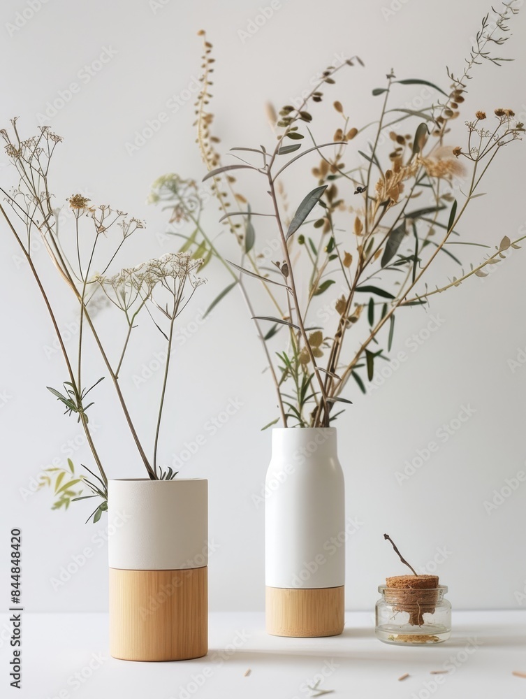 three vases with plants in them on a white surface