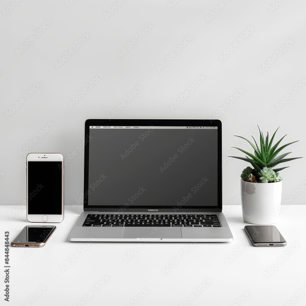 Fototapeta premium laptop, smartphone and plant on white table