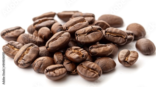 coffee beans are scattered on a white surface