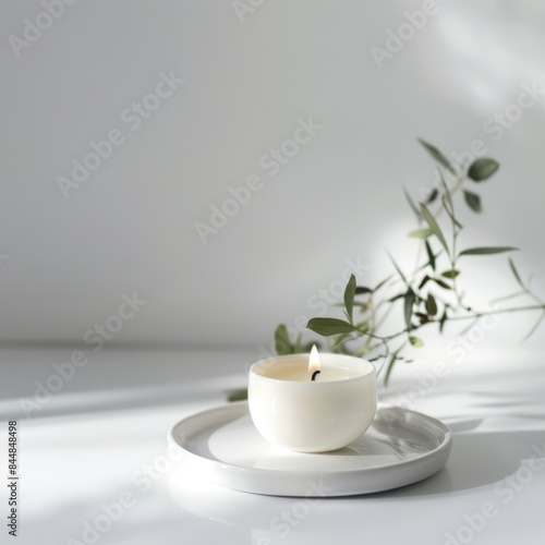 a candle sits on a white plate with a leaf