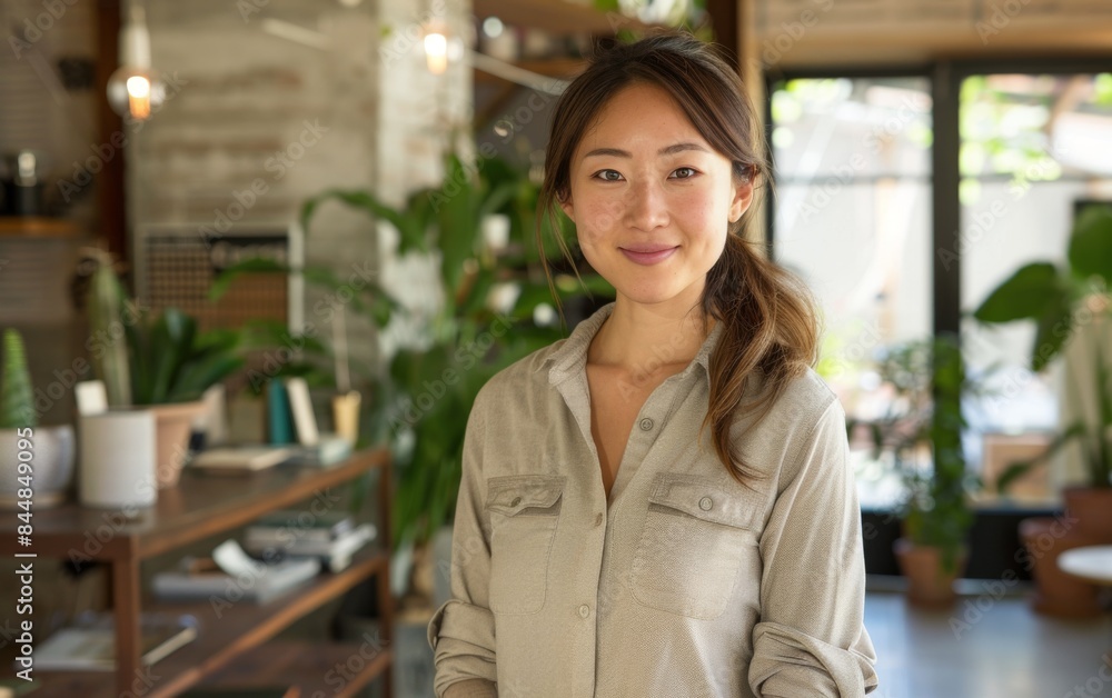 A woman is standing in a room with plants and a potted plant in front of her. She is smiling and looking at the camera A woman is standing in a room with plants and a potted plant in front of her. She is smiling and looking at the camera