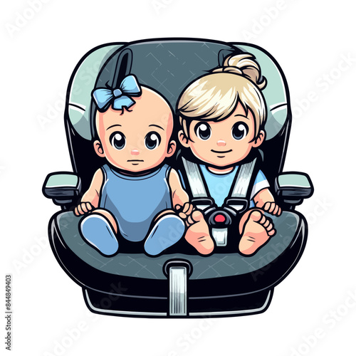 Vector illustration of two babies in a car seat. The image shows a baby girl with a bow and a baby boy, both secured with safety belts. Perfect for designs related to family, safety, and travel.