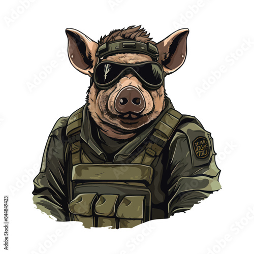Vector illustration of a pig in military gear, wearing sunglasses and a tactical vest, representing a unique and humorous military theme.