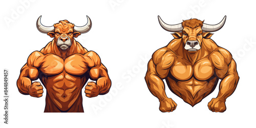 Vector illustration of two muscular bull characters in strong poses. Perfect for designs related to strength, fitness, and power.