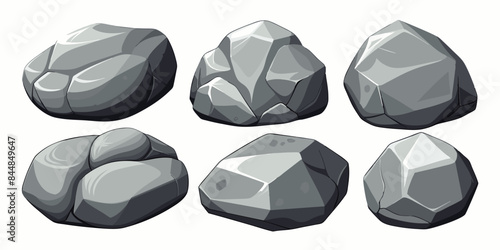 Rock stone set cartoon. Cobble stone game objects. Three dimensional stones and rocks element, isometric 3d flat style. Mountain grey stones. Vector grey rock stone, isolated on white background.