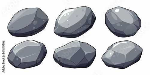 Rock stone set cartoon. Cobble stone game objects. Three dimensional stones and rocks element, isometric 3d flat style. Mountain grey stones. Vector grey rock stone, isolated on white background.