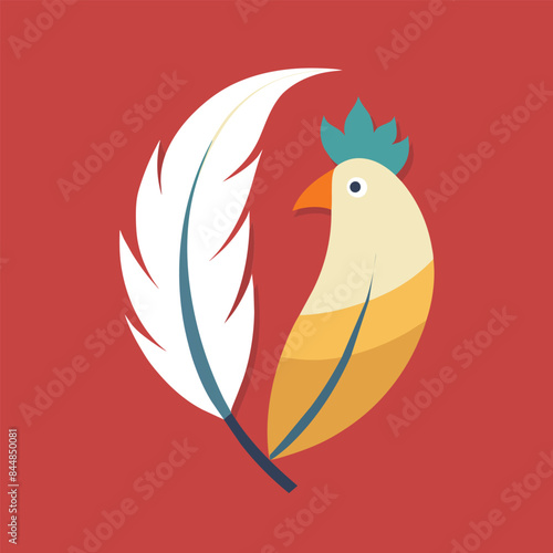 A simple, colorful illustration of a bird with a single feather, set against a red background, A minimalist design incorporating feathers to subtly suggest a chicken