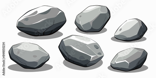 Rock stone set cartoon. Cobble stone game objects. Three dimensional stones and rocks element, isometric 3d flat style. Mountain grey stones. Vector grey rock stone, isolated on white background.