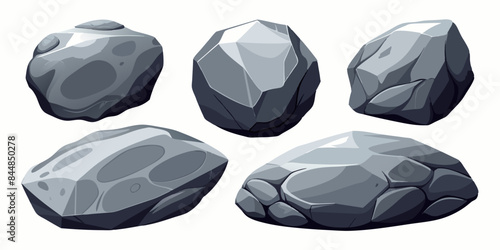 Rock stone set cartoon. Cobble stone game objects. Three dimensional stones and rocks element, isometric 3d flat style. Mountain grey stones. Vector grey rock stone, isolated on white background.