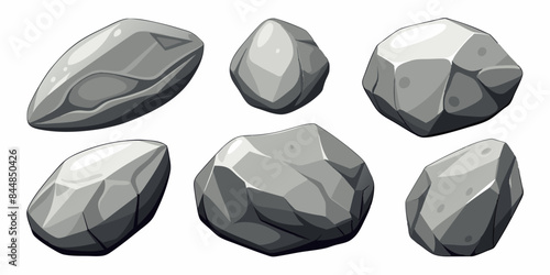 Rock stone set cartoon. Cobble stone game objects. Three dimensional stones and rocks element, isometric 3d flat style. Mountain grey stones. Vector grey rock stone, isolated on white background.