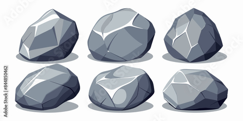 Rock stone set cartoon. Cobble stone game objects. Three dimensional stones and rocks element, isometric 3d flat style. Mountain grey stones. Vector grey rock stone, isolated on white background.