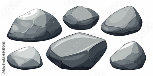 Rock stone set cartoon. Cobble stone game objects. Three dimensional stones and rocks element, isometric 3d flat style. Mountain grey stones. Vector grey rock stone, isolated on white background.