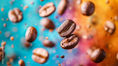 Closeup of floating coffee beans on a colorful, vibrant background with blurred multicolored elements