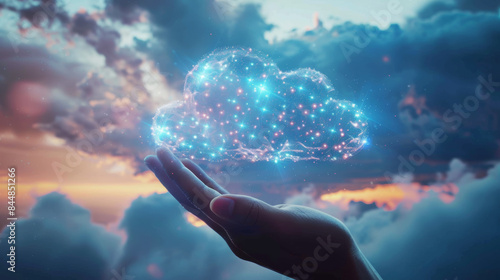 A hand is holding a cloud with a blue and red glow
