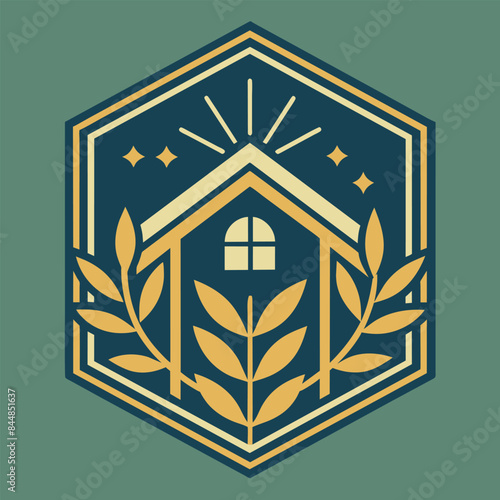 A simple, stylish emblem featuring a house, stars, and branches, A minimalist emblem that symbolizes the beauty and functionality of well-crafted home goods