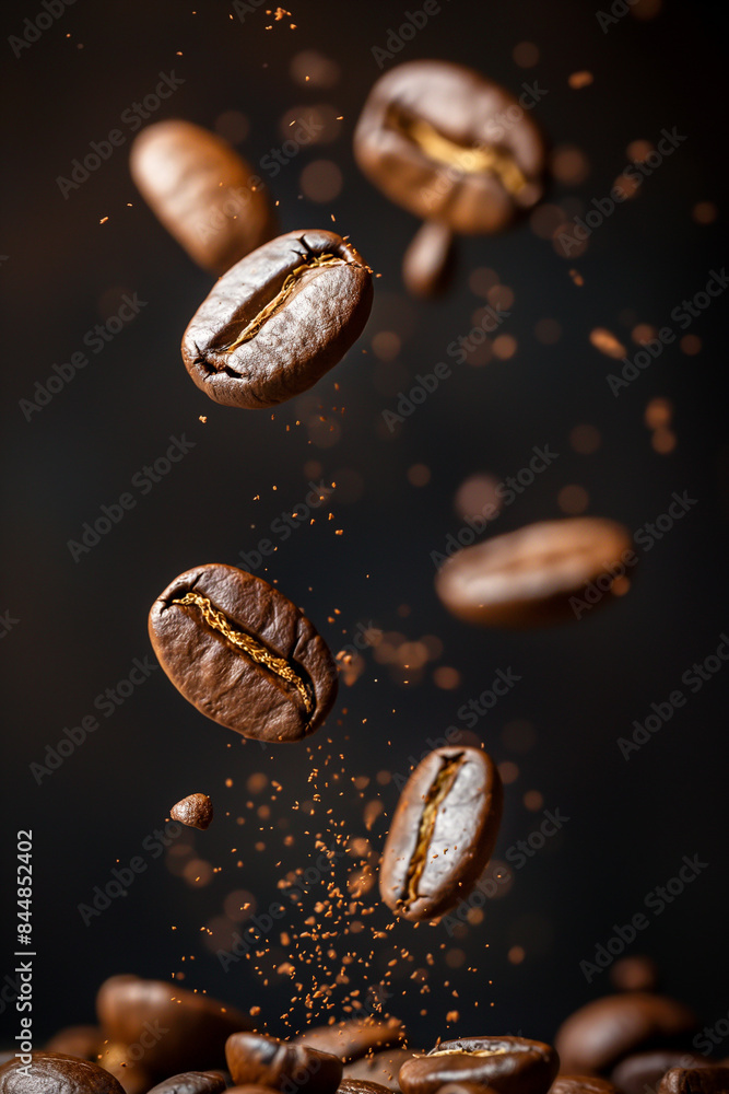 Fresh roasted coffee beans flying closeup with rich aroma in dark brown morning ambiance Fresh roasted coffee beans flying closeup with rich aroma in dark brown morning ambiance