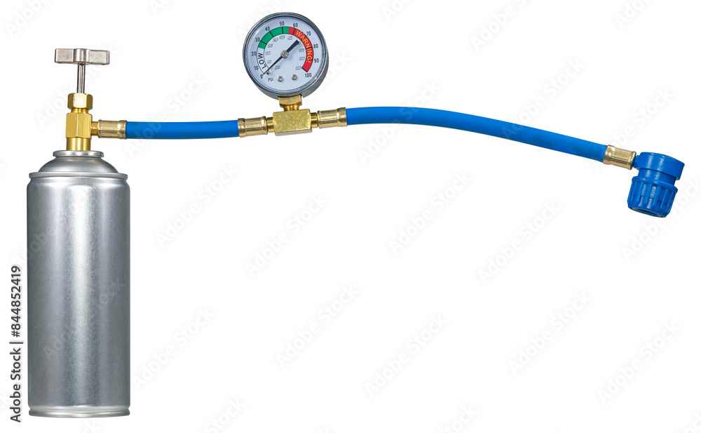 Metal packaging for air conditioning gas with a hose. Isolated background. Metal packaging for air conditioning gas with a hose. Isolated background.
