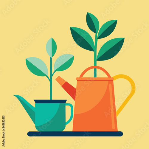 A simple, flat design of two watering cans with plants growing out of them, A minimalist illustration of a watering can and potted plant