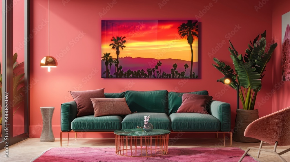 Living room interior with a large picture, a green sofa and a table in the middle of the room Living room interior with a large picture, a green sofa and a table in the middle of the room