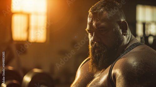 Obese man in the gym working on losing weight. An overweight person is engaged in fitness. Sunbeam © Mr. Reddington