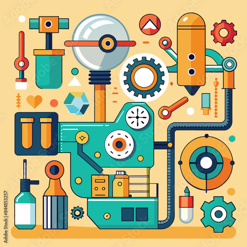 A simplified illustration of a machine with gears, tubes, and other mechanical components in a vibrant color palette, A minimalist interpretation of mechanical components and manufacturing tools