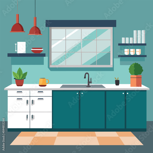 A minimalist kitchen with sleek white countertops, teal cabinets, and a window overlooking a green landscape, A minimalist kitchen with sleek countertops and minimalist cabinetry