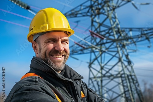 Smiling Electrical Worker Wearing Hard Hat In Front of Power Lines © PLATİNUM