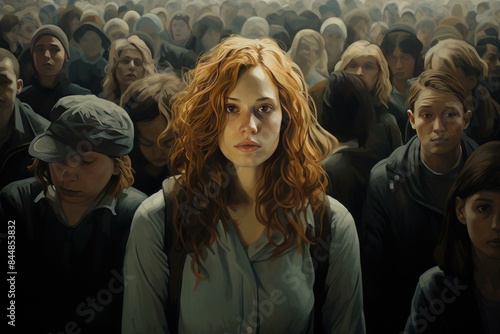Illustration of a unique woman with red hair among a sea of anonymous people © juliars