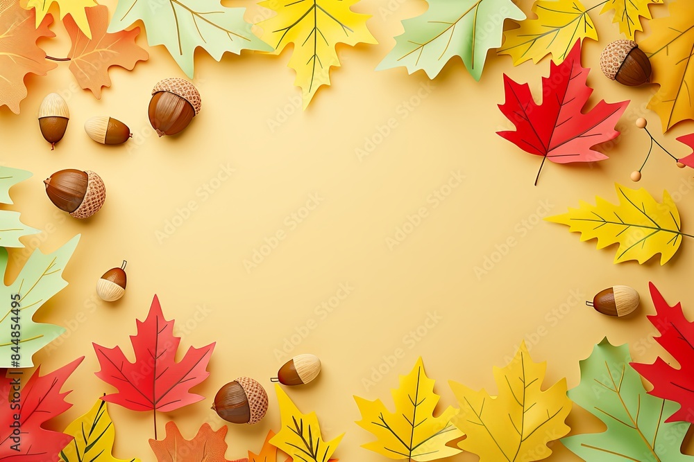 Autumn background in paper cut style colorful maple and oak leaves in the center space for text Autumn background in paper cut style colorful maple and oak leaves in the center space for text