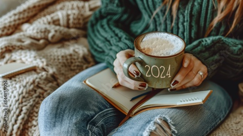 New year 2024 celebrated coffee cup with number 2024 on the surface of a cappuccino in coffee cup holding by woman in a warm green sweater with jeans sitting on brown bed with notebook and pencil.