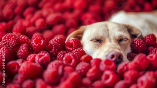 Raspberry fresh berries closeup, ripe fresh organic Raspberries red background, macro shot. Between the rasberrries there is a dog sleeping. funny Harvest concept.