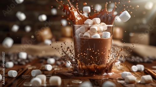 splash glass of chocolate milk in a glass filled with marshmallows