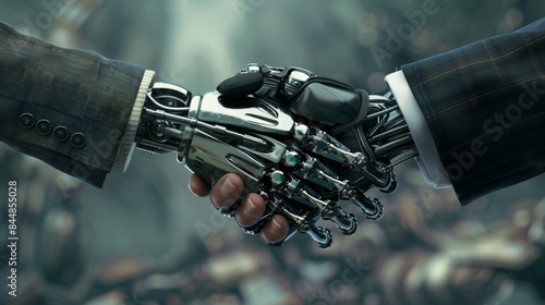 Handshake of man and robot. Modern technologies concept picture.