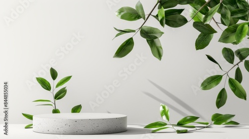 Product display podium with green nature leaves on white background in 3D rendering.