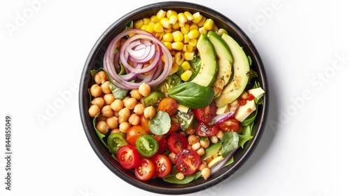 Chickpea, cherry tomato, avocado, sweet corn and red onion salad, top view isolated