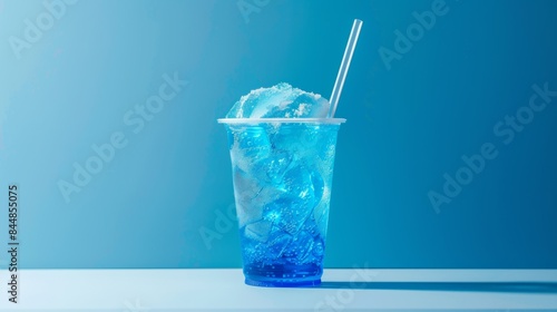 Studio shot product photo of a nice blue frozen cocktail in a clear plastic cup with a straw.
