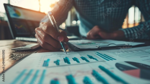 Businessman and finance analyst analyzing financial report, economic growth graph chart. Planning and solution, risk management for business success, finance and investment background