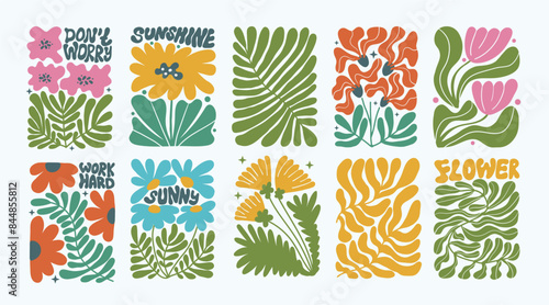 Set of groovy floral botanical background in trendy naive retro hippie 60s 70s style. Vertical poster with abstract wavy flower with shot motivate phrase