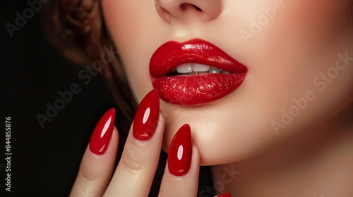 Close up of sexy lady touching her nice red make up lips. With her fashion red nails, concept of cosmetic product show, fashion nail polish with gel lacquer, gloss lip, sensitive woman.