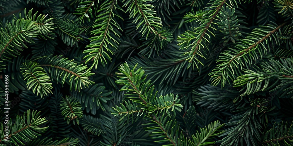 Close-up of lush, green pine branches with intricate needle patterns, perfect for natural and festive backgrounds. The detailed texture of the needles creates a rich, organic feel
