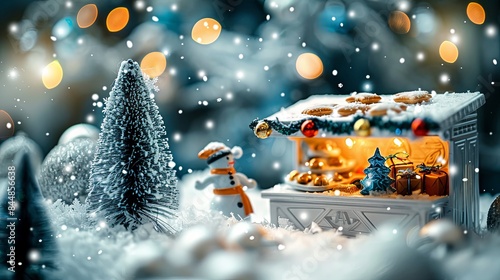 miniature Christmas market stall set in a snowy scene with a small snowman and decorated Christmas trees. The stall is lit warmly, and snowflakes fall softly, creating a magical holiday ambiance © megavectors