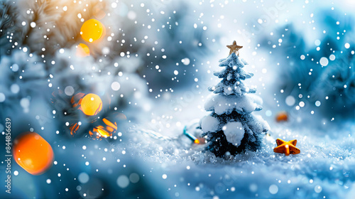 A small, snow-covered Christmas tree adorned with golden ornaments and a glowing star on top. Snowflakes gently fall around, creating a festive and serene winter scene
