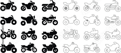List of different type of motorcycle, bike, and motorbike icon set. Side view of all kind of motorcycle from moped, scooter, roadster, sports, cruiser, touring, scrambler, trial bike, and chopper.