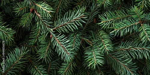 Close-up of lush  green pine branches with intricate needle patterns  perfect for natural and festive backgrounds. The detailed texture of the needles creates a rich  organic feel