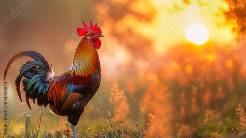 Beautiful rooster on a farm in the rays of the setting sun. Portrait of a rooster with bright plumage. The rooster is resting on the green grass in the rays of the setting sun. Year of the rooster.