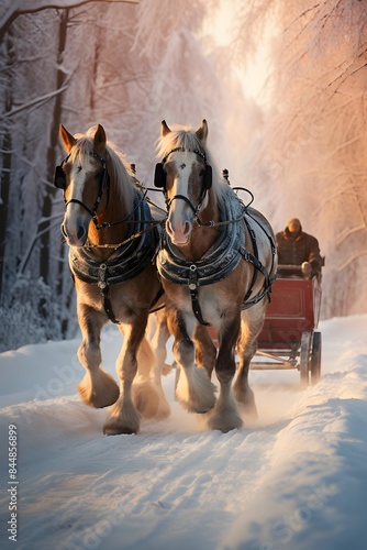 Horse pulling a carriage in the winter forest. Winter landscape. © Iman