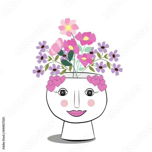 Florero con cara de mujer y ramo de flores.